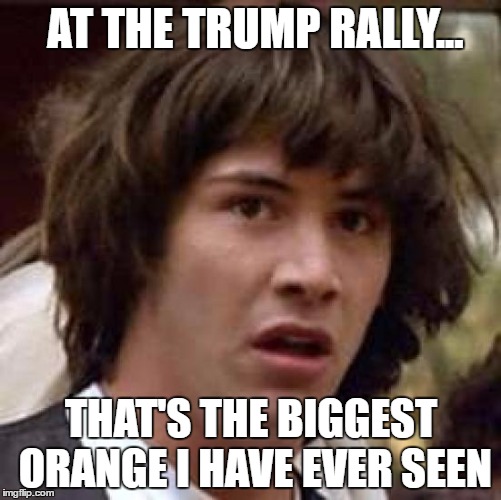 Conspiracy Keanu Meme | AT THE TRUMP RALLY... THAT'S THE BIGGEST ORANGE I HAVE EVER SEEN | image tagged in memes,conspiracy keanu | made w/ Imgflip meme maker