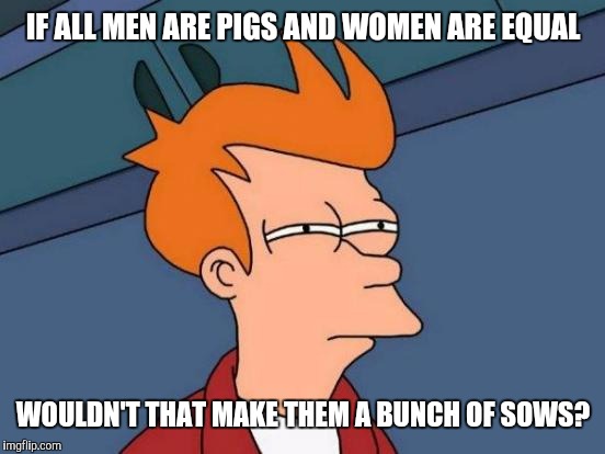 Futurama Fry Meme | IF ALL MEN ARE PIGS AND WOMEN ARE EQUAL WOULDN'T THAT MAKE THEM A BUNCH OF SOWS? | image tagged in memes,futurama fry | made w/ Imgflip meme maker