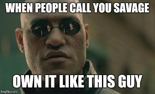 Matrix Morpheus | WHEN PEOPLE CALL YOU SAVAGE; OWN IT LIKE THIS GUY | image tagged in memes,matrix morpheus | made w/ Imgflip meme maker