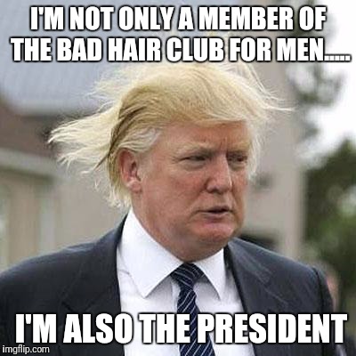 Donald Trump | I'M NOT ONLY A MEMBER OF THE BAD HAIR CLUB FOR MEN..... I'M ALSO THE PRESIDENT | image tagged in donald trump | made w/ Imgflip meme maker