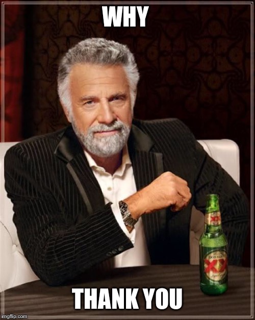 The Most Interesting Man In The World Meme | WHY THANK YOU | image tagged in memes,the most interesting man in the world | made w/ Imgflip meme maker