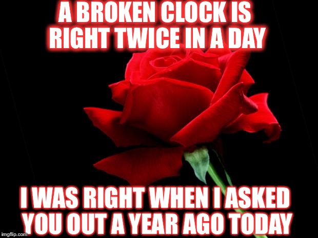 rose | A BROKEN CLOCK IS RIGHT TWICE IN A DAY; I WAS RIGHT WHEN I ASKED YOU OUT A YEAR AGO TODAY | image tagged in rose | made w/ Imgflip meme maker