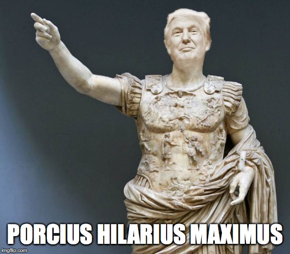 PORCIUS HILARIUS MAXIMUS | image tagged in trump,toga | made w/ Imgflip meme maker