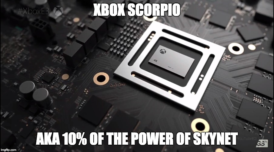Xbox Skynet | XBOX SCORPIO; AKA 10% OF THE POWER OF SKYNET | image tagged in memes,xbox one,xbox live,bill gates,the future is now thanks to science,4k | made w/ Imgflip meme maker