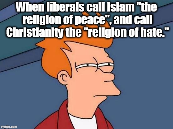 Futurama Fry | When liberals call Islam "the religion of peace", and call Christianity the "religion of hate." | image tagged in memes,futurama fry,liberal logic,christians,muslims,liberals | made w/ Imgflip meme maker