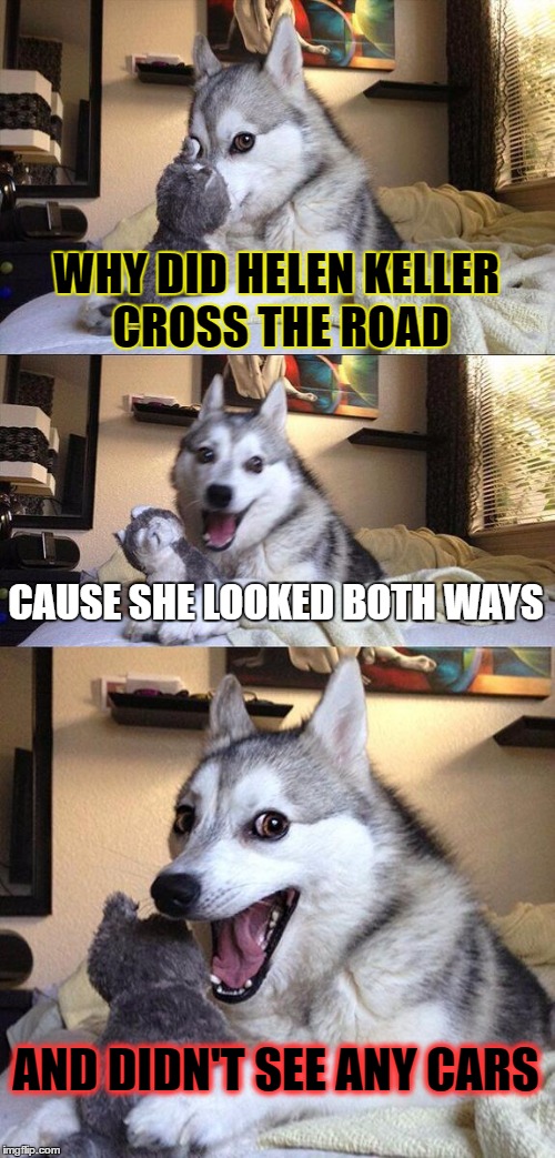 Helen Keller Frogger | WHY DID HELEN KELLER CROSS THE ROAD; CAUSE SHE LOOKED BOTH WAYS; AND DIDN'T SEE ANY CARS | image tagged in bad pun dog,helen keller,why the chicken cross the road,lol so funny,oh no you didn't,funny memes | made w/ Imgflip meme maker