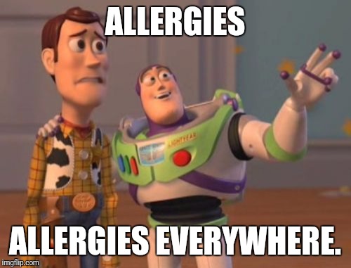 This pollen is really becoming irritating. | ALLERGIES; ALLERGIES EVERYWHERE. | image tagged in memes,x x everywhere | made w/ Imgflip meme maker