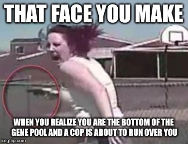 THAT FACE YOU MAKE; WHEN YOU REALIZE YOU ARE THE BOTTOM OF THE GENE POOL AND A COP IS ABOUT TO RUN OVER YOU | image tagged in that face you make | made w/ Imgflip meme maker