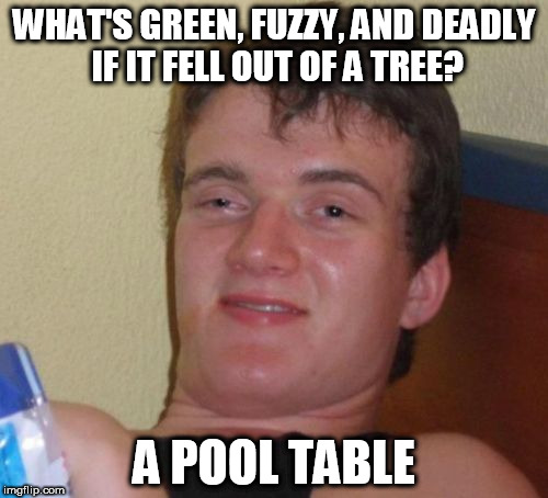 10 Guy | WHAT'S GREEN, FUZZY, AND DEADLY IF IT FELL OUT OF A TREE? A POOL TABLE | image tagged in memes,10 guy | made w/ Imgflip meme maker