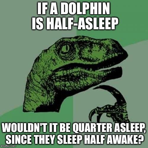 Philosoraptor Meme | IF A DOLPHIN IS HALF-ASLEEP; WOULDN'T IT BE QUARTER ASLEEP, SINCE THEY SLEEP HALF AWAKE? | image tagged in memes,philosoraptor | made w/ Imgflip meme maker
