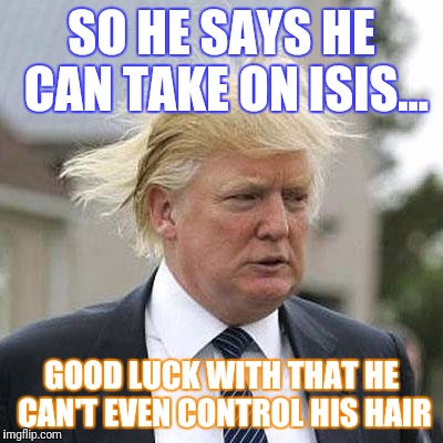 Donald Trump | SO HE SAYS HE CAN TAKE ON ISIS... GOOD LUCK WITH THAT HE CAN'T EVEN CONTROL HIS HAIR | image tagged in donald trump | made w/ Imgflip meme maker