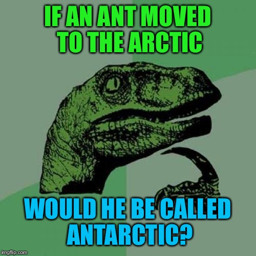 Philosoraptor | IF AN ANT MOVED TO THE ARCTIC; WOULD HE BE CALLED ANTARCTIC? | image tagged in memes,philosoraptor | made w/ Imgflip meme maker