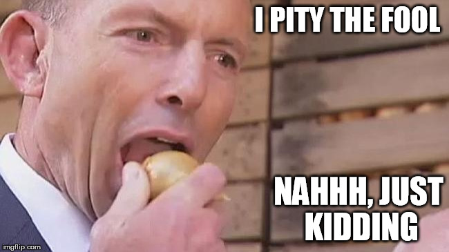 Tony Abbott Onion | I PITY THE FOOL; NAHHH, JUST KIDDING | image tagged in tony abbott onion | made w/ Imgflip meme maker