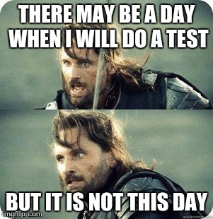 AragornNotThisDay | THERE MAY BE A DAY WHEN I WILL DO A TEST; BUT IT IS NOT THIS DAY | image tagged in aragornnotthisday | made w/ Imgflip meme maker