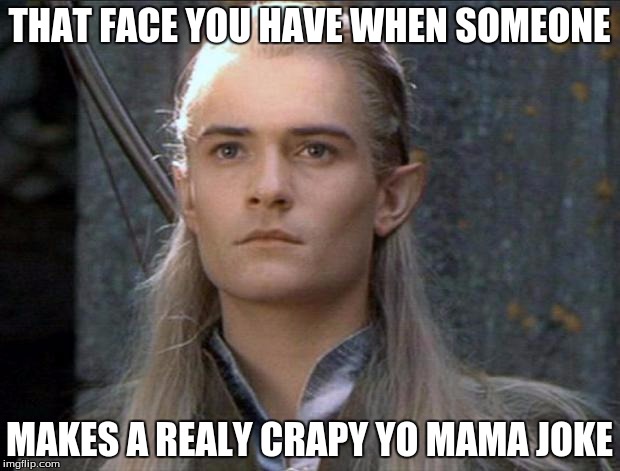 Legolas | THAT FACE YOU HAVE WHEN SOMEONE; MAKES A REALY CRAPY YO MAMA JOKE | image tagged in legolas | made w/ Imgflip meme maker