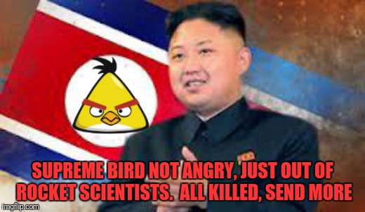 SUPREME BIRD NOT ANGRY, JUST OUT OF ROCKET SCIENTISTS.  ALL KILLED, SEND MORE | made w/ Imgflip meme maker