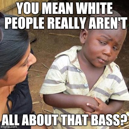 Third World Skeptical Kid Meme | YOU MEAN WHITE PEOPLE REALLY AREN'T ALL ABOUT THAT BASS? | image tagged in memes,third world skeptical kid | made w/ Imgflip meme maker