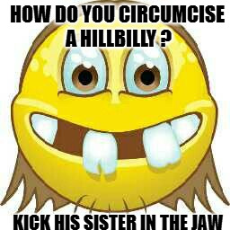 funny one liner | HOW DO YOU CIRCUMCISE A HILLBILLY ? KICK HIS SISTER IN THE JAW | image tagged in jokes,funny,hillbilly | made w/ Imgflip meme maker