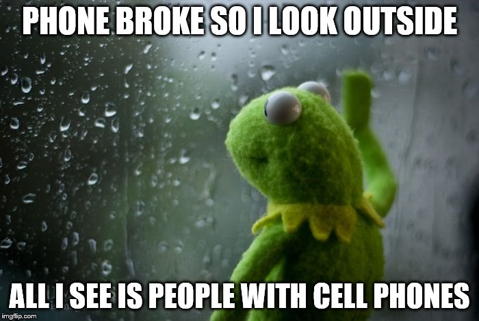 kermit window | PHONE BROKE SO I LOOK OUTSIDE; ALL I SEE IS PEOPLE WITH CELL PHONES | image tagged in kermit window | made w/ Imgflip meme maker