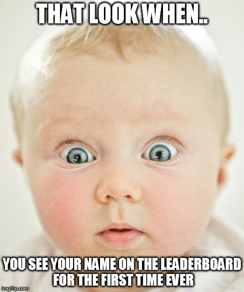Thank you all for your support this week! First time ever on the leaderboard! |  THAT LOOK WHEN.. YOU SEE YOUR NAME ON THE LEADERBOARD FOR THE FIRST TIME EVER | image tagged in leaderboard,funny,memes,happy baby,surprised baby | made w/ Imgflip meme maker
