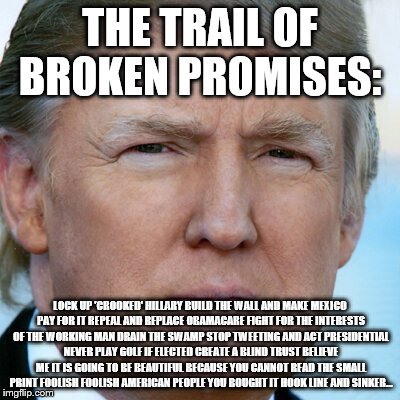 Trail of Broken Promises | THE TRAIL OF BROKEN PROMISES:; LOCK UP 'CROOKED' HILLARY BUILD THE WALL AND MAKE MEXICO PAY FOR IT REPEAL AND REPLACE OBAMACARE FIGHT FOR THE INTERESTS OF THE WORKING MAN DRAIN THE SWAMP STOP TWEETING AND ACT PRESIDENTIAL NEVER PLAY GOLF IF ELECTED CREATE A BLIND TRUST BELIEVE ME IT IS GOING TO BE BEAUTIFUL BECAUSE YOU CANNOT READ THE SMALL PRINT FOOLISH FOOLISH AMERICAN PEOPLE YOU BOUGHT IT HOOK LINE AND SINKER... | image tagged in trump,broken promise | made w/ Imgflip meme maker