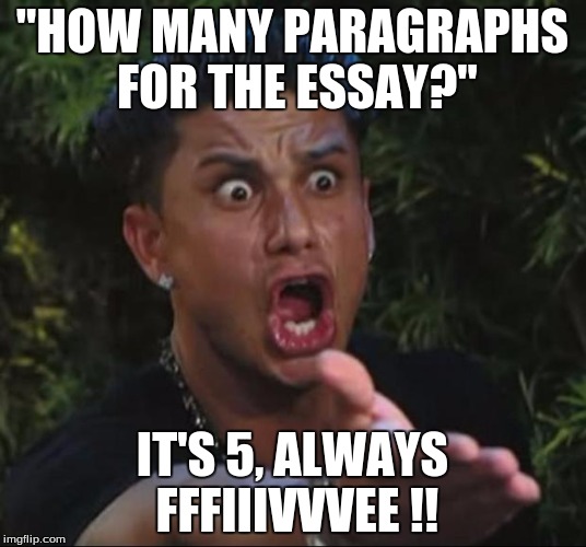 DJ Pauly D Meme | "HOW MANY PARAGRAPHS FOR THE ESSAY?"; IT'S 5, ALWAYS FFFIIIVVVEE !! | image tagged in memes,dj pauly d | made w/ Imgflip meme maker