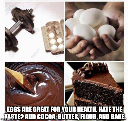 Life Hacks | EGGS ARE GREAT FOR YOUR HEALTH. HATE THE TASTE? ADD COCOA, BUTTER, FLOUR, AND BAKE. | image tagged in eggs | made w/ Imgflip meme maker