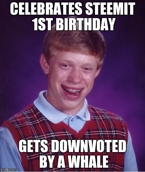 Bad Luck Brian Meme | CELEBRATES STEEMIT 1ST BIRTHDAY; GETS DOWNVOTED BY A WHALE | image tagged in memes,bad luck brian | made w/ Imgflip meme maker
