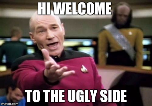 Picard Wtf Meme | HI WELCOME; TO THE UGLY SIDE | image tagged in memes,picard wtf | made w/ Imgflip meme maker