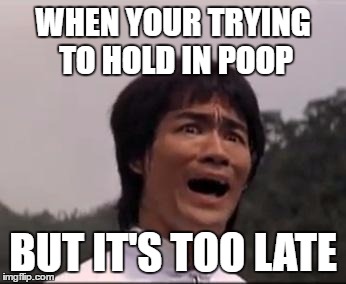 bruce lee |  WHEN YOUR TRYING TO HOLD IN POOP; BUT IT'S TOO LATE | image tagged in bruce lee | made w/ Imgflip meme maker