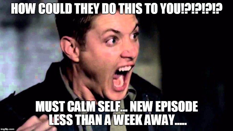 Deam Scream Supernatural | HOW COULD THEY DO THIS TO YOU!?!?!?!? MUST CALM SELF... NEW EPISODE LESS THAN A WEEK AWAY..... | image tagged in deam scream supernatural | made w/ Imgflip meme maker