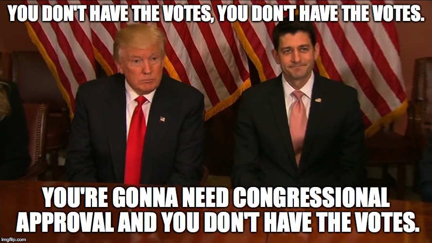 YOU DON'T HAVE THE VOTES, YOU DON'T HAVE THE VOTES. YOU'RE GONNA NEED CONGRESSIONAL APPROVAL AND YOU DON'T HAVE THE VOTES. | image tagged in donald trump,obamacare,trumpcare,paul ryan,hamilton | made w/ Imgflip meme maker