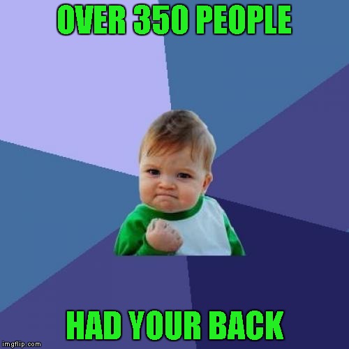 Success Kid Meme | OVER 350 PEOPLE HAD YOUR BACK | image tagged in memes,success kid | made w/ Imgflip meme maker