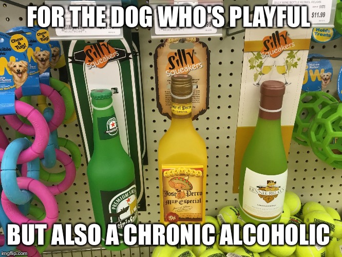 FOR THE DOG WHO'S PLAYFUL; BUT ALSO A CHRONIC ALCOHOLIC | image tagged in dog toys | made w/ Imgflip meme maker