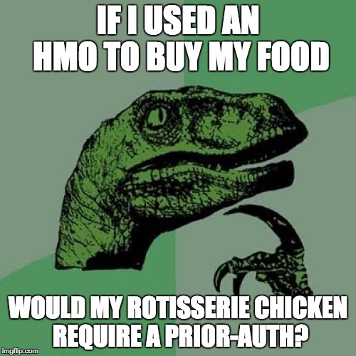 Philosoraptor Meme | IF I USED AN HMO TO BUY MY FOOD; WOULD MY ROTISSERIE CHICKEN REQUIRE A PRIOR-AUTH? | image tagged in memes,philosoraptor | made w/ Imgflip meme maker