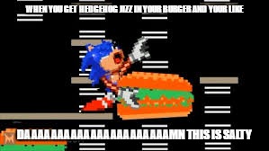 Hedgehog Jizz | WHEN YOU GET HEDGEHOG JIZZ IN YOUR BURGER AND YOUR LIKE; DAAAAAAAAAAAAAAAAAAAAAAMN THIS IS SALTY | image tagged in sonic the hedgehog | made w/ Imgflip meme maker