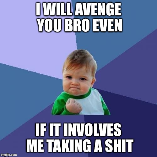Success Kid | I WILL AVENGE YOU BRO EVEN; IF IT INVOLVES ME TAKING A SHIT | image tagged in memes,success kid | made w/ Imgflip meme maker