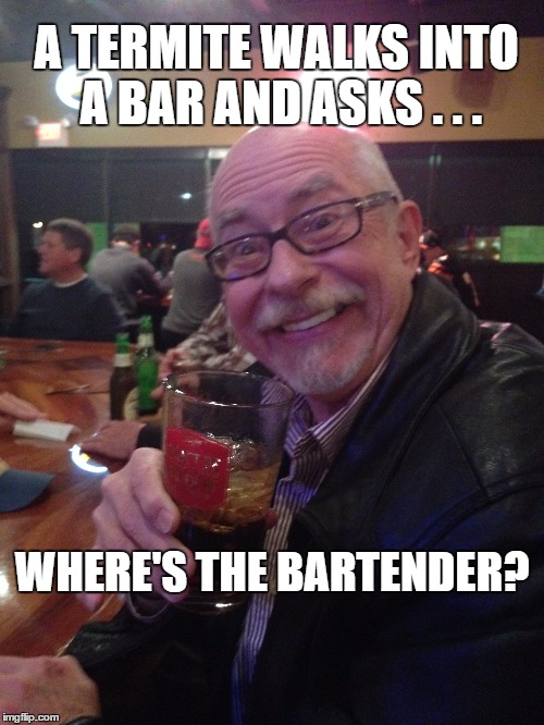 My Best Friend Charlie 008 | A TERMITE WALKS INTO A BAR AND ASKS . . . WHERE'S THE BARTENDER? | image tagged in bartender,bar,my best friend charlie,bugs,drinking,joke | made w/ Imgflip meme maker