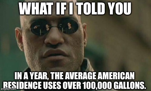 Matrix Morpheus Meme | WHAT IF I TOLD YOU; IN A YEAR, THE AVERAGE AMERICAN RESIDENCE USES OVER 100,000 GALLONS. | image tagged in memes,matrix morpheus | made w/ Imgflip meme maker