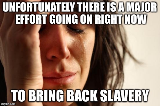 First World Problems Meme | UNFORTUNATELY THERE IS A MAJOR EFFORT GOING ON RIGHT NOW TO BRING BACK SLAVERY | image tagged in memes,first world problems | made w/ Imgflip meme maker