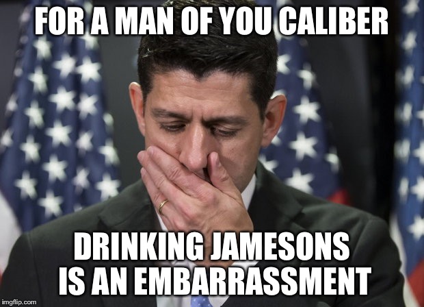 Sick Paul Ryan | FOR A MAN OF YOU CALIBER DRINKING JAMESONS IS AN EMBARRASSMENT | image tagged in sick paul ryan | made w/ Imgflip meme maker