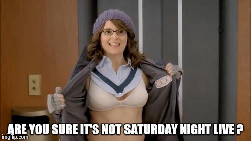 ARE YOU SURE IT'S NOT SATURDAY NIGHT LIVE ? | image tagged in tina fey flashing | made w/ Imgflip meme maker