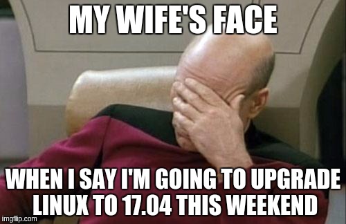 Captain Picard Facepalm Meme | MY WIFE'S FACE; WHEN I SAY I'M GOING TO UPGRADE LINUX TO 17.04 THIS WEEKEND | image tagged in memes,captain picard facepalm | made w/ Imgflip meme maker