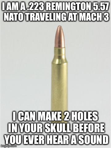 I AM A .223 REMINGTON 5.57 NATO TRAVELING AT MACH 3; I CAN MAKE 2 HOLES IN YOUR SKULL BEFORE YOU EVER HEAR A SOUND | image tagged in 223 557 | made w/ Imgflip meme maker
