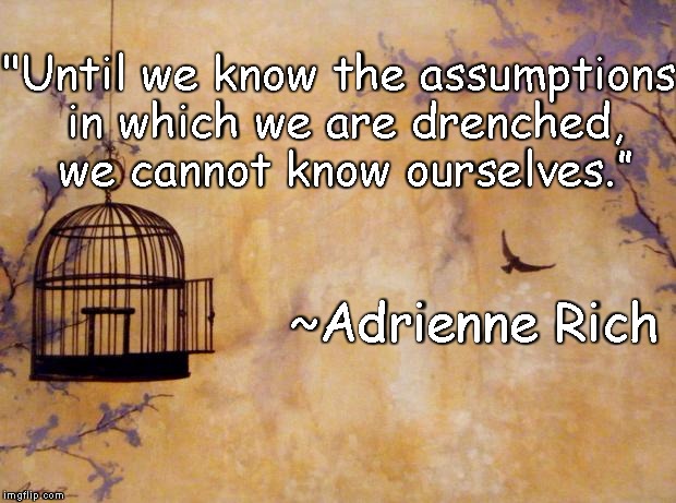 Caged Bird | "Until we know the assumptions in which we are drenched, we cannot know ourselves.”; ~Adrienne Rich | image tagged in adrienne rich,self awareness,beliefs,truth,delusions | made w/ Imgflip meme maker