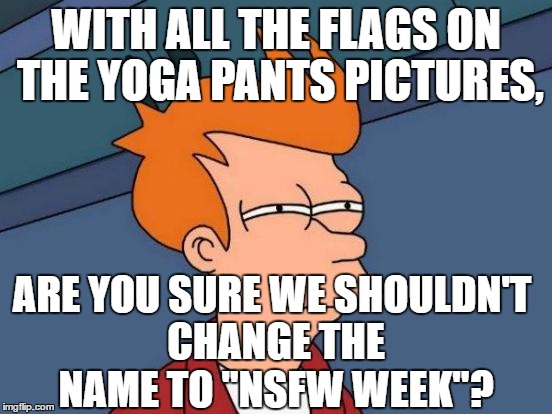 Does this count as an entry for Yoga Pants Week? ( A Tetsuoswrath/Lynch1979 Event March 20th--27th) | WITH ALL THE FLAGS ON THE YOGA PANTS PICTURES, ARE YOU SURE WE SHOULDN'T CHANGE THE NAME TO "NSFW WEEK"? | image tagged in memes,futurama fry | made w/ Imgflip meme maker