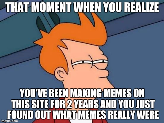 Futurama Fry | THAT MOMENT WHEN YOU REALIZE; YOU'VE BEEN MAKING MEMES ON THIS SITE FOR 2 YEARS AND YOU JUST FOUND OUT WHAT MEMES REALLY WERE | image tagged in memes,futurama fry | made w/ Imgflip meme maker