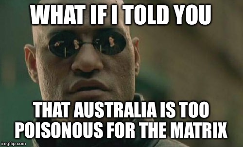 Matrix Morpheus Meme | WHAT IF I TOLD YOU THAT AUSTRALIA IS TOO POISONOUS FOR THE MATRIX | image tagged in memes,matrix morpheus | made w/ Imgflip meme maker