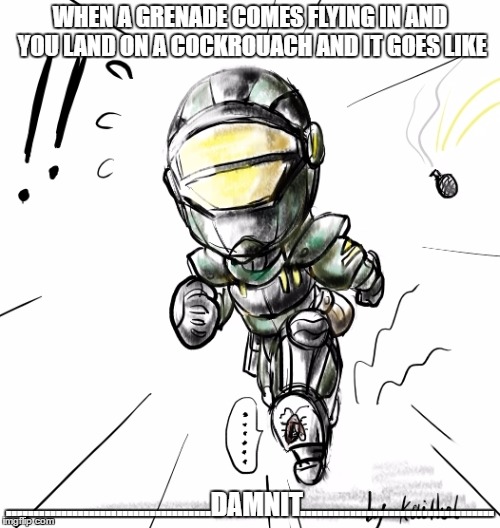 incoming grenades btw i just make shit memes for fun | WHEN A GRENADE COMES FLYING IN AND YOU LAND ON A COCKROUACH AND IT GOES LIKE; .....................................DAMNIT................................... | image tagged in grenade,soldier | made w/ Imgflip meme maker
