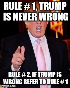 Donald Trump | RULE # 1, TRUMP IS NEVER WRONG; RULE # 2, IF TRUMP IS WRONG REFER TO RULE # 1 | image tagged in donald trump | made w/ Imgflip meme maker